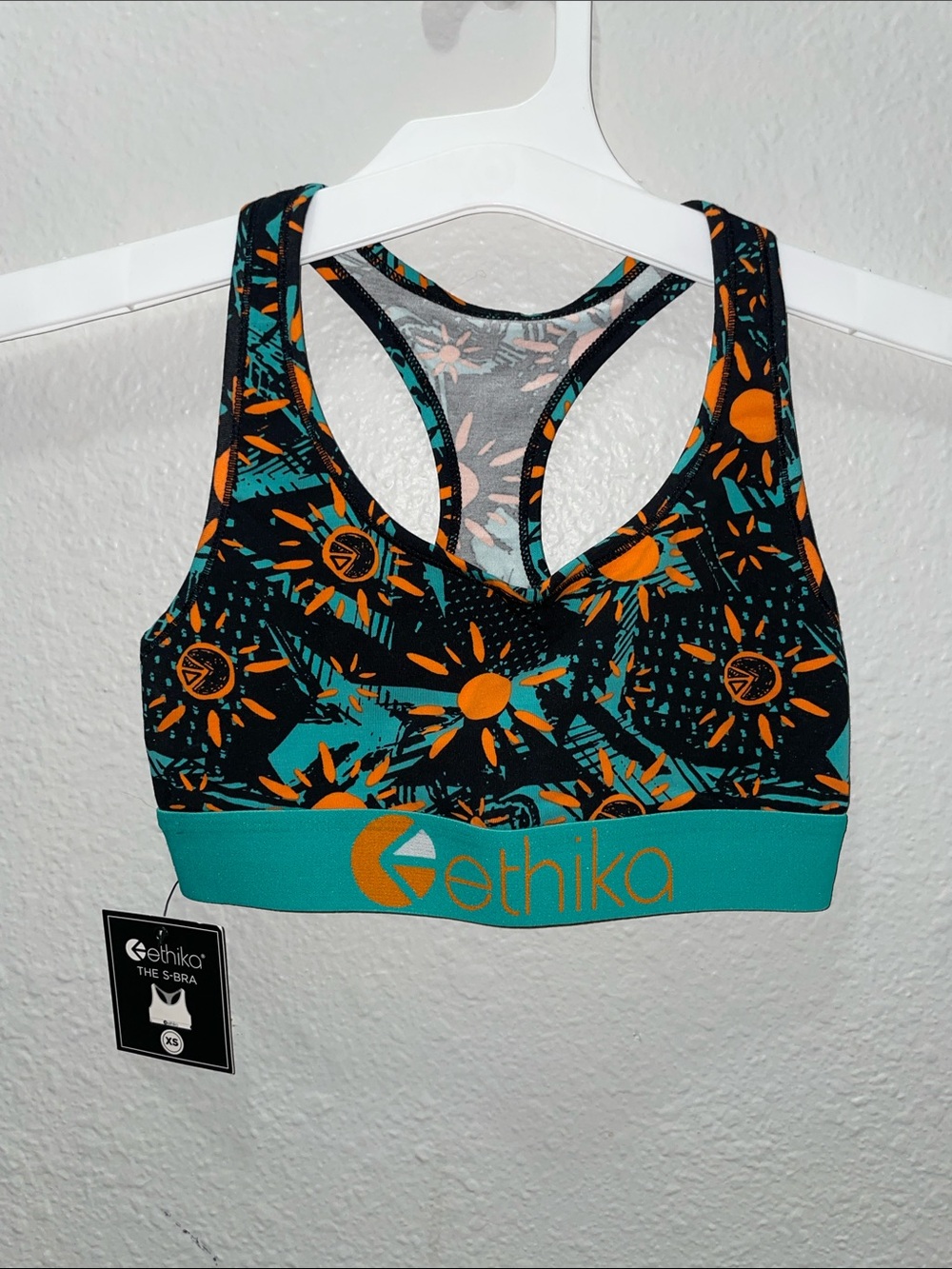 ethika Black Sports Bra with Teal Band & Orange Sun Print